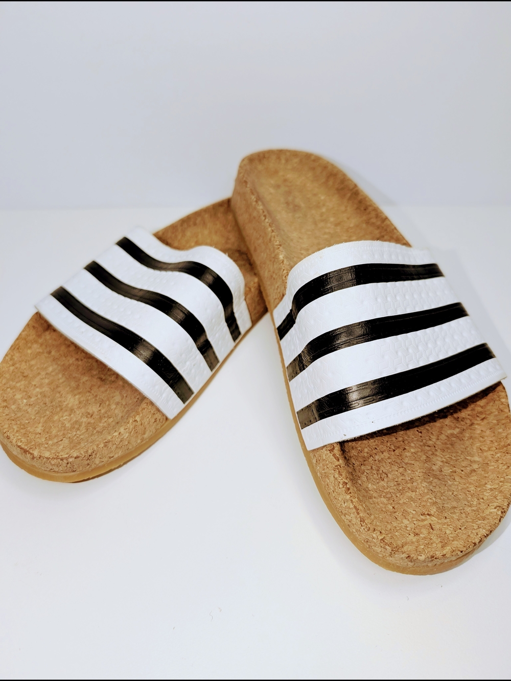 Adidas Adilette Cork Slides Black White Striped Woman's Size 6